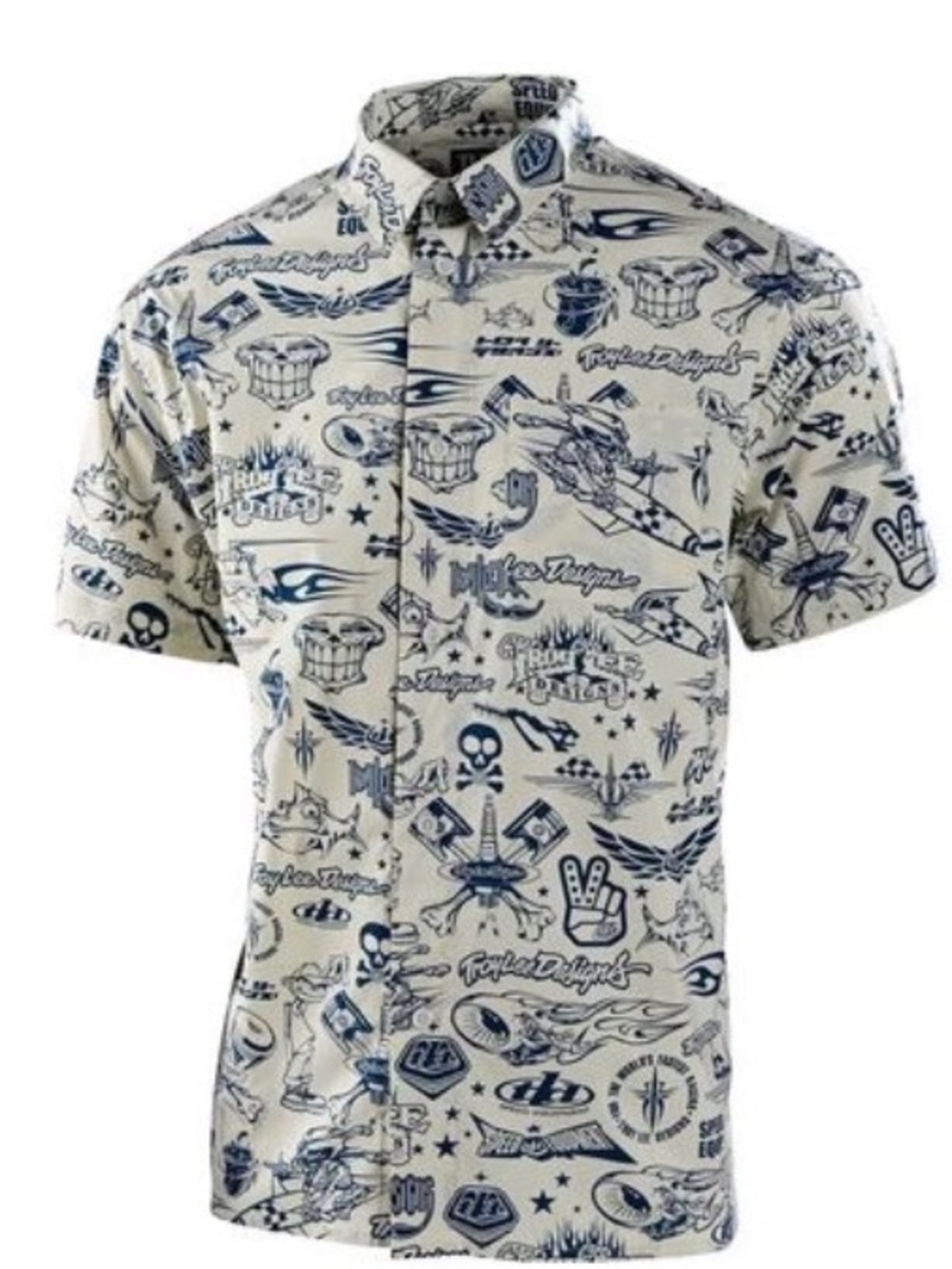Troy Lee Short-Sleeve Button-Down Shirt in Cream with Navy Graphic Print